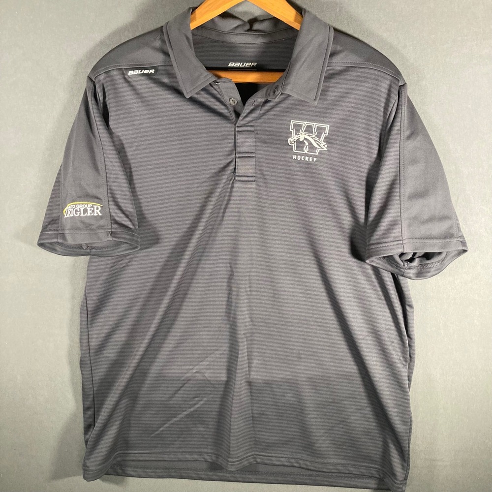 Bauer Mens Polo Shirt XL Gray Striped Hockey Athletic Embroidered‎